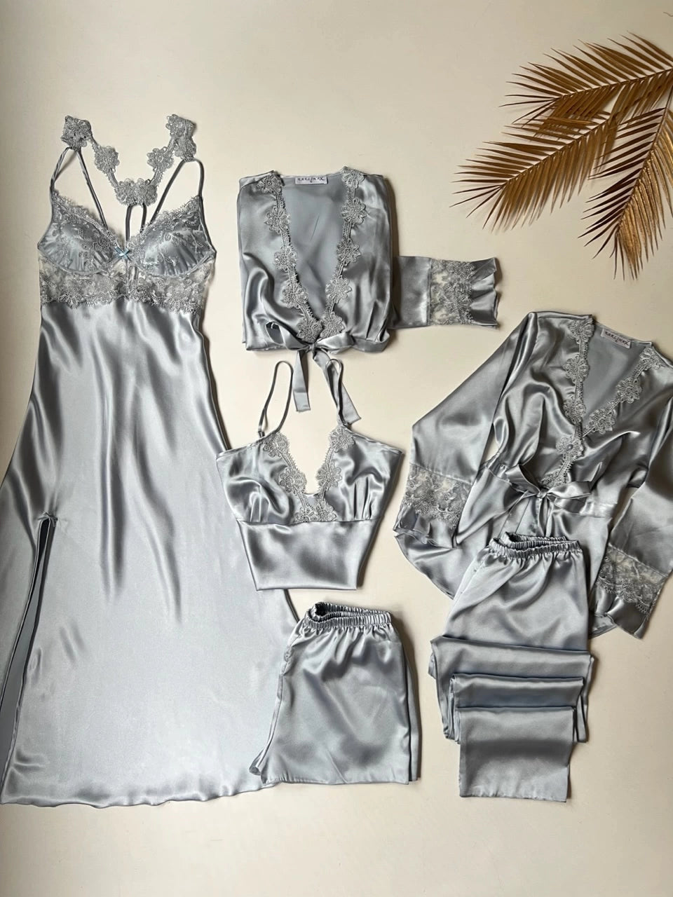 Imported™ Long Slit Silk Nighty Set (5 Pieces)