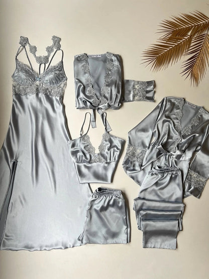 Imported™ Long Slit Silk Nighty Set (5 Pieces)