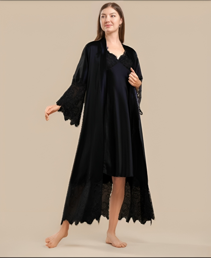 Imported™ Long Slit Silk Nighty Set (2 Pieces)